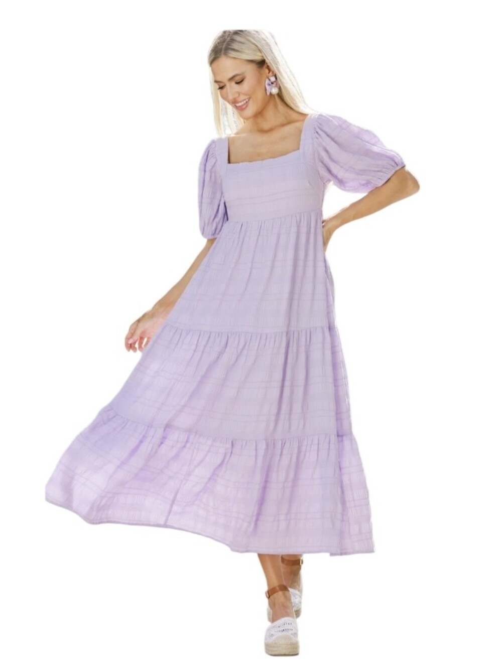 #6155 Lilac Puff-Sleeve Tiered Maxi Dress - Women's